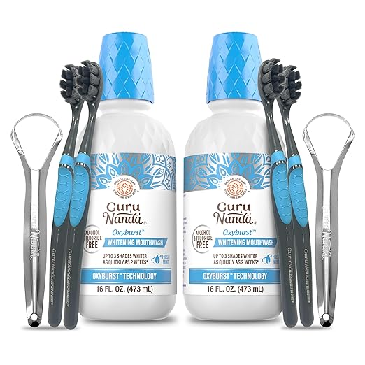 GuruNanda Oxyburst Teeth Whitening Mouthwash – Alcohol & Fluoride Free, with Hydrogen Peroxide & 7 Essential Oils, for On-The-Go Freshness, Wild Mint, 2x16 fl oz