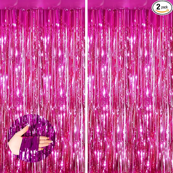Valentines Day 2 Pack 3.3 * 8.3 ft Foil Curtain Metallic Tinsel Fringe Curtains Photo Booth Props Backdrop for Birthday Wedding Engagement Baby Shower Christmas Holiday Celebration Partyl,Hot Pink