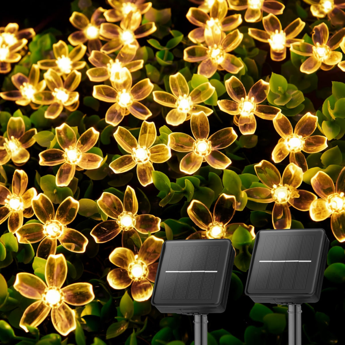 Brightown 2 Pack Total 52FT 120 LED Solar String Lights Flower Outdoor Waterproof Fairy Lights for Garden Yard Fence Patio Christmas Tree Wedding Party Decor, Warm White