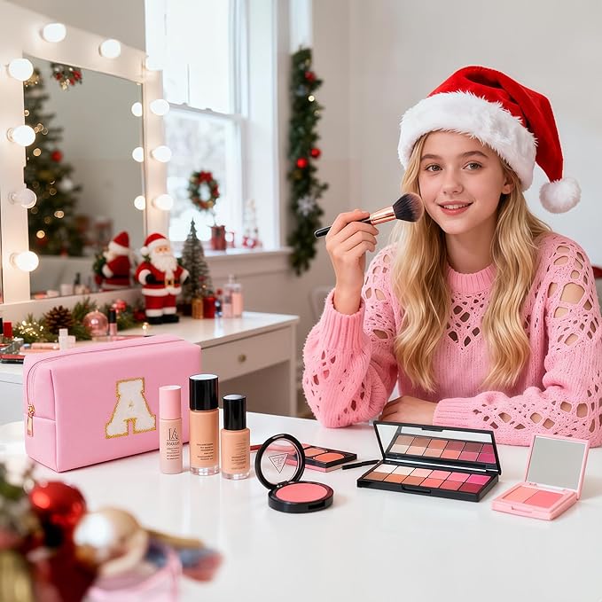 TOPEAST Dorm Room Essentials for Girls - Pink Initial Makeup Bag, College Essentials PU Leather Bag | Travel Car Essentials | Cute Stuff Birthday Gift for Friends Sister (Pink T)