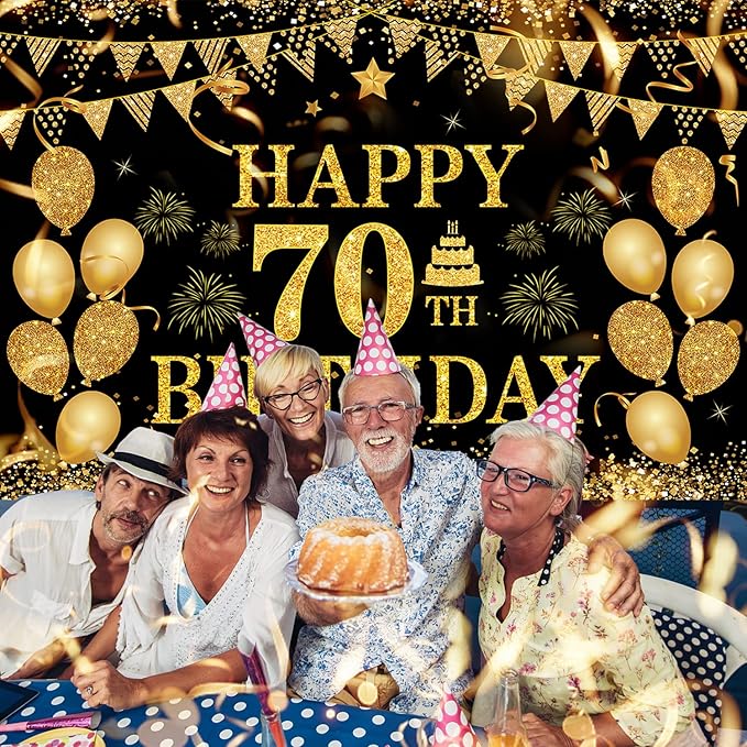 70th Birthday Decorations Happy 70th Birthday Banner for Men Women Black Gold 70 Years Birthday Party Decorations Background for Home Birthday Decor(71 x 45 inch)