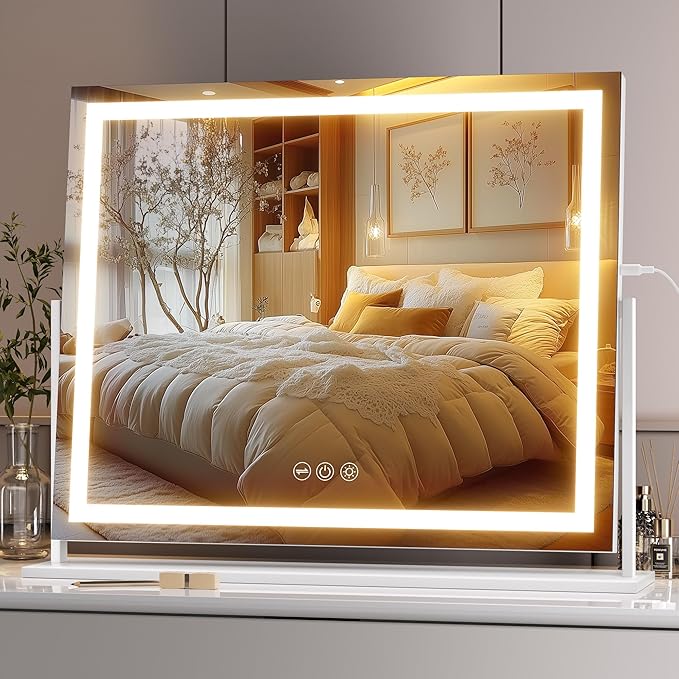 Hasipu Vanity Mirror with Lights, 23.6" x 18.1" LED Makeup Mirror, Light up Mirror with Smart Touch 3 Colors Dimmable, Brightness Adjustment, 360° Rotation (White)