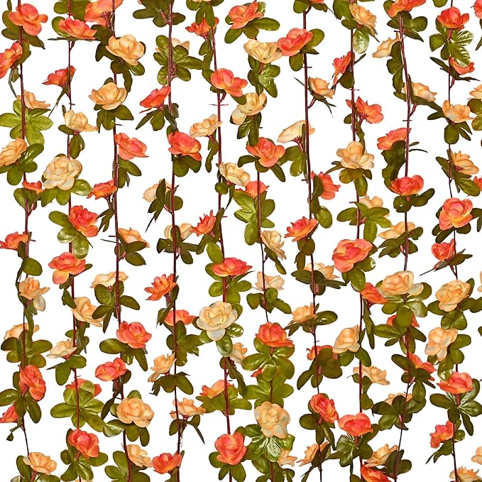 MARTINE MALL Flower Vines, 5 Strands 41Ft Rose Vines for Bedroom, Champagne and Orange Floral Garland for Room Birthday Wedding Party Garden Wall Decor