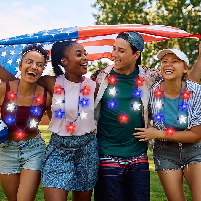 4PCS 4th of July Necklaces, Independence Day Light up Necklace Accessories, Red White Blue Fourth of July 7 Bulb Necklace Bulk, Glow Accessories for Memorial Day Veterans Day Patriotic Party Parades