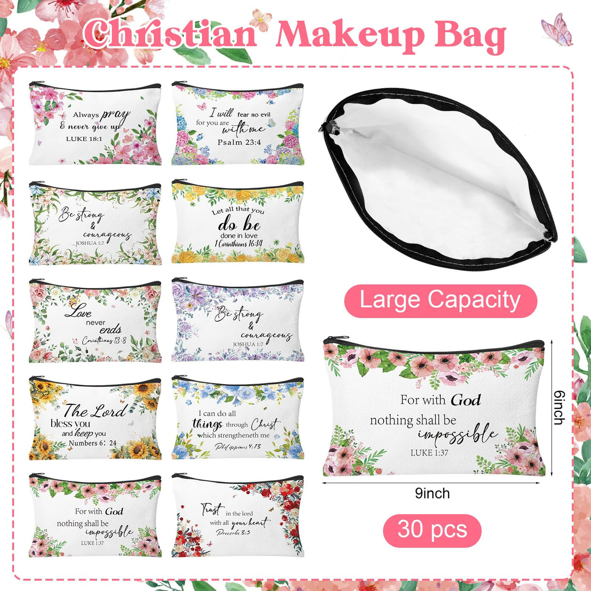 30Pcs Christmas Makeup Bags Canvas Cosmetic Bags with Zipper Portable Santa Gnomes Snowman Xmas Canvas Gift Bag Goodie Bag Travel Toiletry Pouch for Women Holiday Present Xmas Party Gift