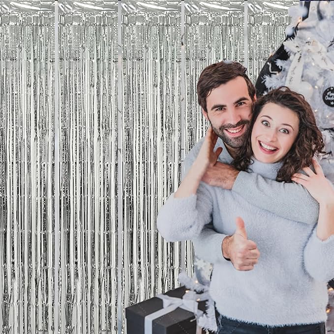 5 Pack Silver Foil Curtain Backdrop Metallic Tinsel Foil Fringe Curtains Photo Booth Props for Birthday Wedding Engagement Bachelorette Christmas Holiday Celebration Party Decorations Supplies