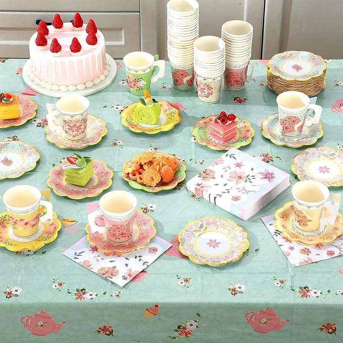 Yungyan 108 Pcs Tea Party Plates and Napkins Sets Serve 36 Guests Floral Disposable Tea Party Supplies Paper 6" Plates and Napkins and 9 oz Cups with Handle for Garden Spring Birthday Wedding