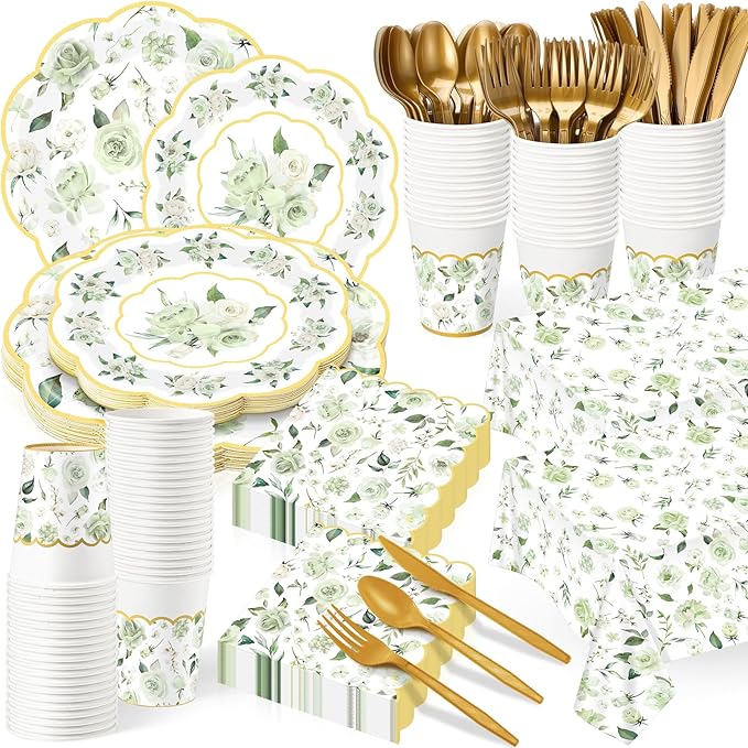 Pickmesh 194 Pcs Spring Floral Party Decoration for 24 Guest, Sage Green Paper Plates and Napkins Cups Tablecloth Cutlery Tea Party Tableware for Bridal Shower Wedding Garden Women Birthday Supplies