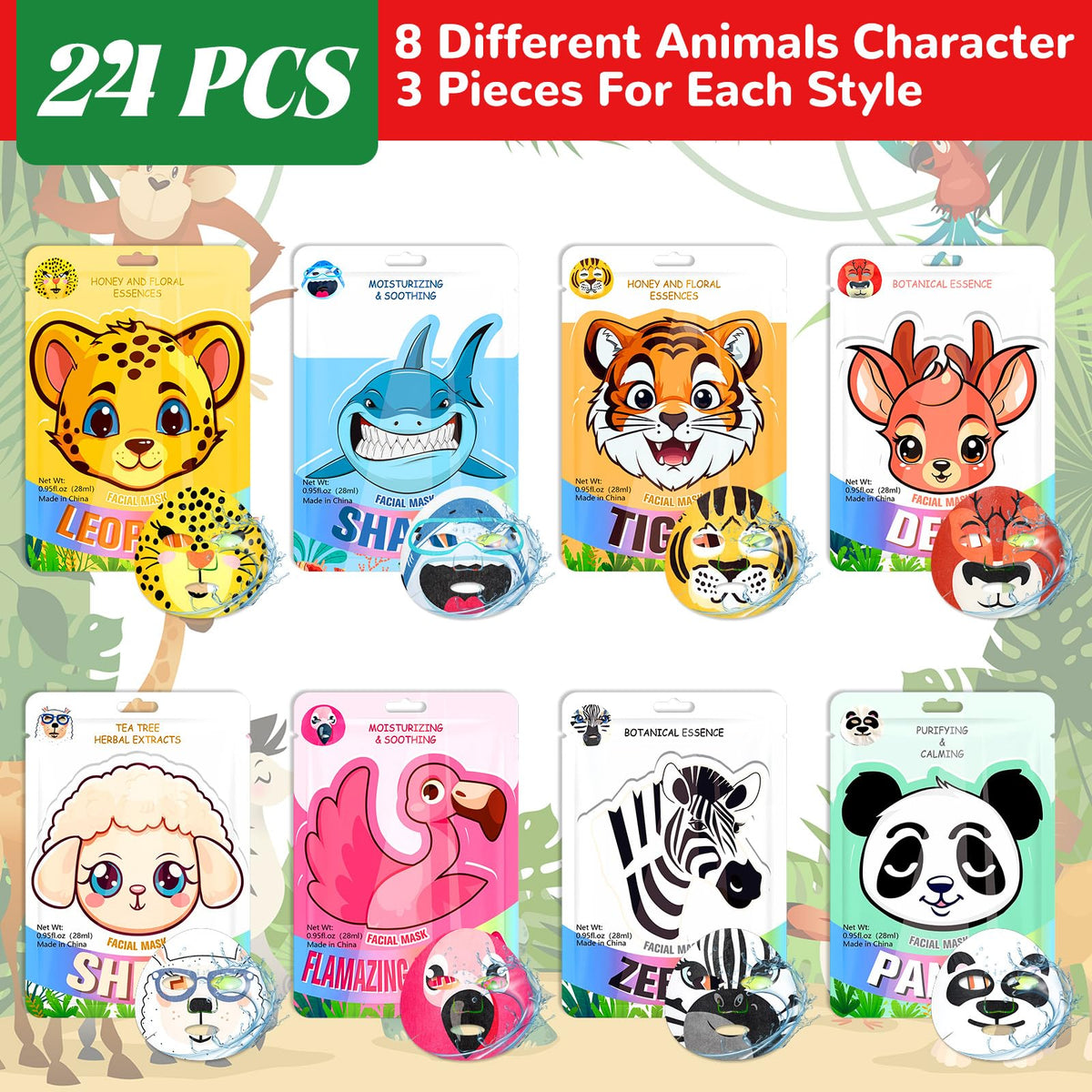 Dansib 24 Pcs Animal Face Masks Bulk Spa Sheet Skincare Facial Mask Funny Face Skin Care for Women Girls Sleepover Slumber Party