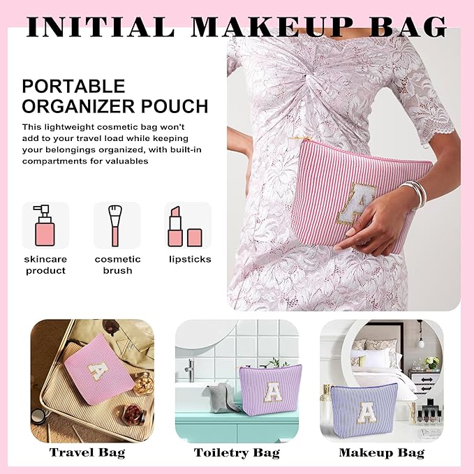 Travel Makeup Bag Organizer - Travel Essentials Toiletry Bag for Women, Initial Travel Toiletry Bag with Zipper | Preppy Stuff Birthday Gifts for Women Mom Daughter, Pink Letter G