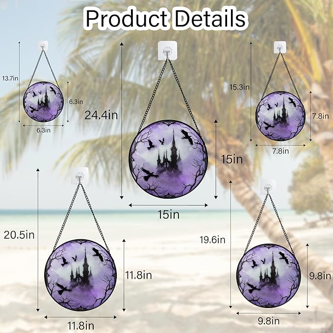 Stained Glass Window Hanging - Halloween Gothic Castle Purple Smoke Suncatcher for Doors Garden Home Spooky Crow Sun Catchers Gothic Decor Horror Gift for Women Men Friend Boy Girl 15 in