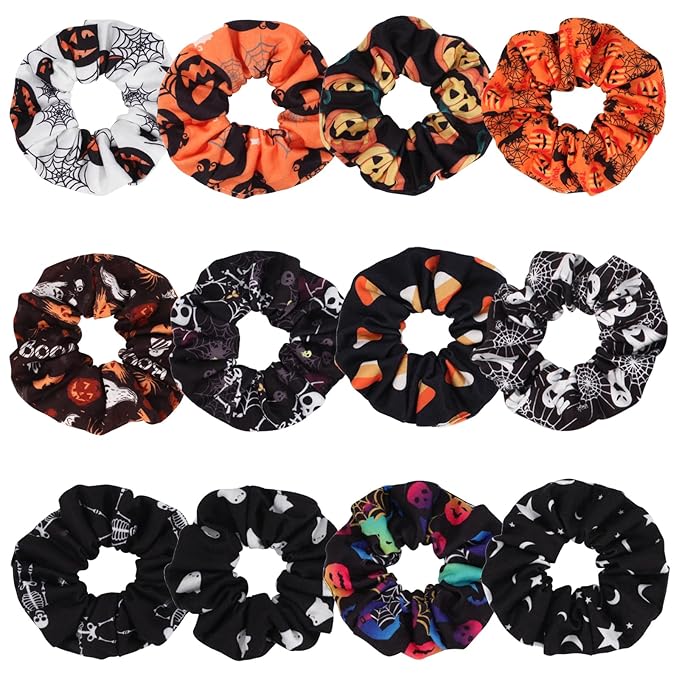 Halloween Hair Scrunchies BOO Spooky Pumpkin Fall Scrunchies Skull Ghosts Bat Star Moon Candy Spider Web Skeleton Hair Ties for Women Girls Elastics Scrunchy Halloween Gifts Accessories 12 PCS