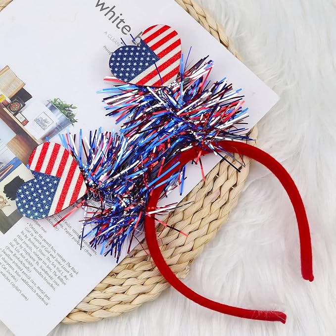 4th of July Headband Independence Day Hair Accessories Patriotic Party Hair Supplies American Flag Love Heart Design Blue Red Ribbon Hair Decoration Cute Hair Hoop for Women Girls Kids 1 Pcs