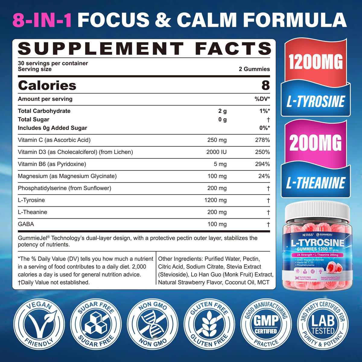 L Tyrosine Gummies Supplement 1200mg, GABA L-Theanine Supplement 200mg with Magnesium Glycinate Vitamin B6, D3 & C - Calm & Focus Gummies - Brain Supplements for Memory, Mood & Relax for Adults, 60Cts