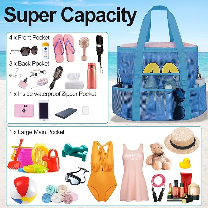 Mesh Beach Bags for Family - Women Beach Tote Bag for Toys, Towels, Travel Vacation Cruise Essentials