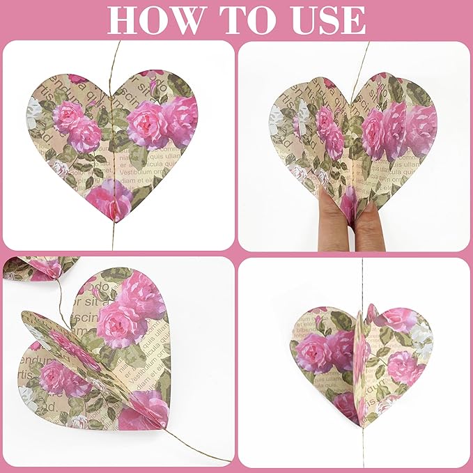 Heart Party Decorations Vintage Pink Rose 3D Love Heart Newspaper Hanging Retro Floral Recycled Book Garland Streamer Banner for Valentines Day Anniversary Birthday Wedding Holiday Party Supplies