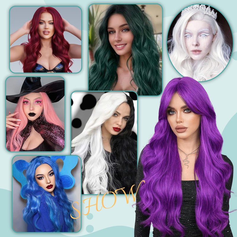 YESEGO Halloween Long Pink Wigs 26 Inch Curly Wigs for Women Wavy Middle Part Natural Looking Synthetic Lace Front Wig for Daily Cosplay Party Use, Pink