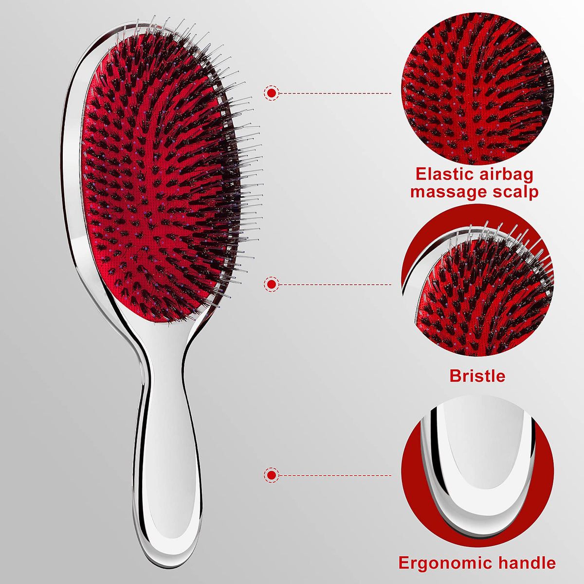 Sibba Anti-static Hair Brush Paddle Massage Hair Extension Brush Professional Detangle Natural Bristle Cushion Nylon Brush Comb for Long Thick Wavy Hair (Silver)