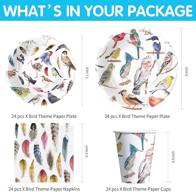 Xigejob Bird Party Decorations Tableware for Bridal Baby Shower Birthday Wedding Summer Tea, Colorful Bird Birthday Party Supplies, Paper Plate, Cup, Napkin, Tablecloth, Cutlery, Serves 24