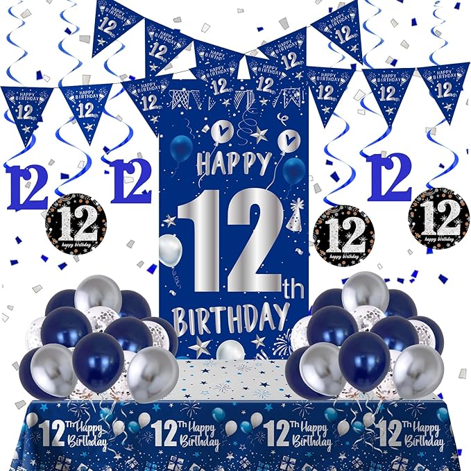 12th Birthday Decorations for Boys Girls, Blue Silver Happy 12th Birthday Party Decorations Supplies - Happy 12 Birthday Backdrop Banner Tablecloth Triangle Flag Balloons for 12 Year Old Party