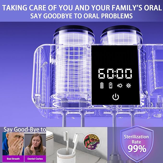 Toothbrush Holder Wall Mounted, 2 Cups Solar Powered Toothbrush Stand, Smart Toothbrush Holder with Cleaning and Drying, Cleaning Box with 4 Toothbrush Slot for Bathroom (White - 2 Cup)