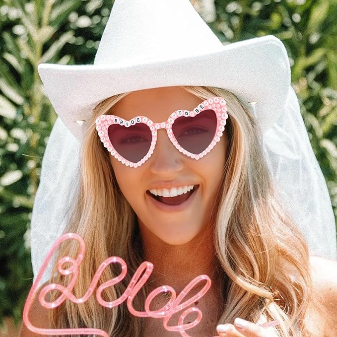 Bride to Be Set: Pearl-Trimmed Heart Sunglasses, Pearl BRIDE Sash & Tulle Veil - Bachelorette Party Bridal Accessories
