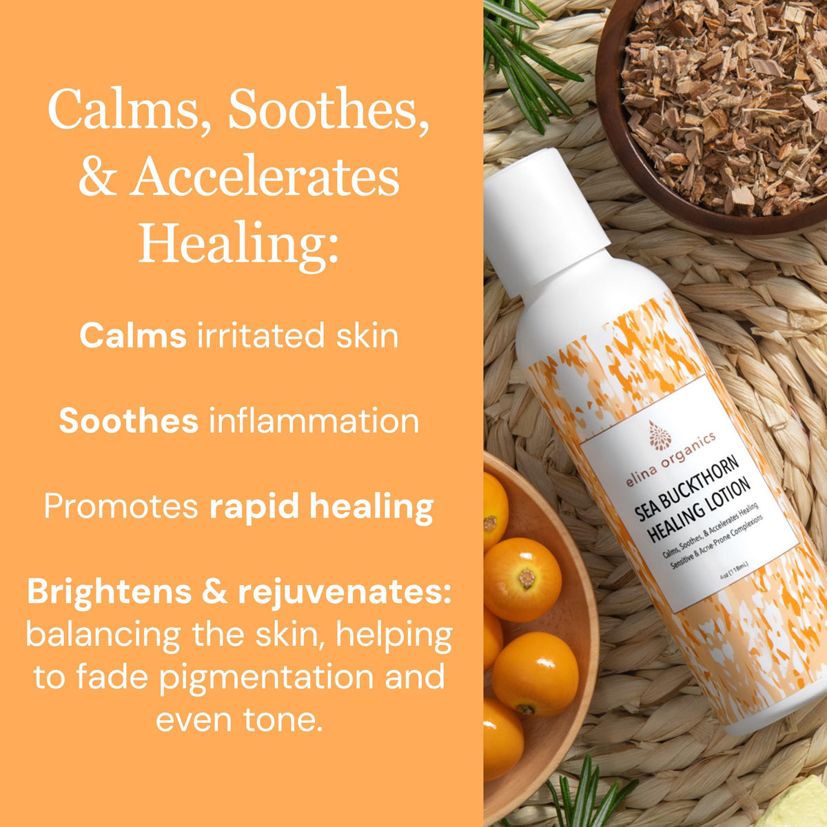 Elina Organics Sea Buckthorn Healing Lotion, 4oz – Soothing Moisturizer with MSM, Black Willow Bark & Zinc Oxide – Organic, Vegan – Repairs Acne, Redness & Skin Irritation
