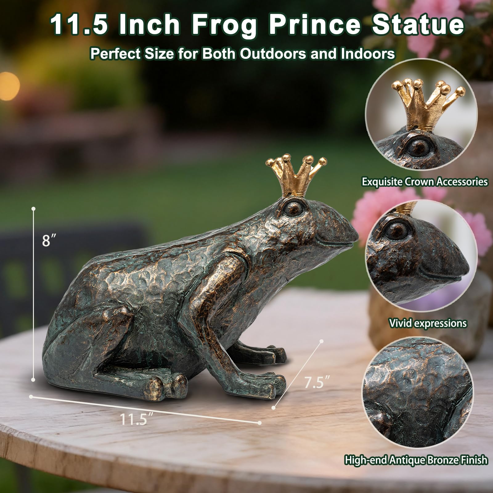 Lune cle Crouching Frog Prince Garden Statue, Yard Decorations Outdoor Decor, Weather-Resistant Animal Figurines & Sculptures for Patio & Porch, 11.5" L×8" H