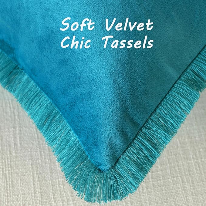 FUTEI Teal Velvet Decorative Throw Pillow Covers 26x26 Set of 2,Soft Cozy Edge with Tassels Euro Pillow Shams,Boho Modern Home Decor for Couch Bed Living Room