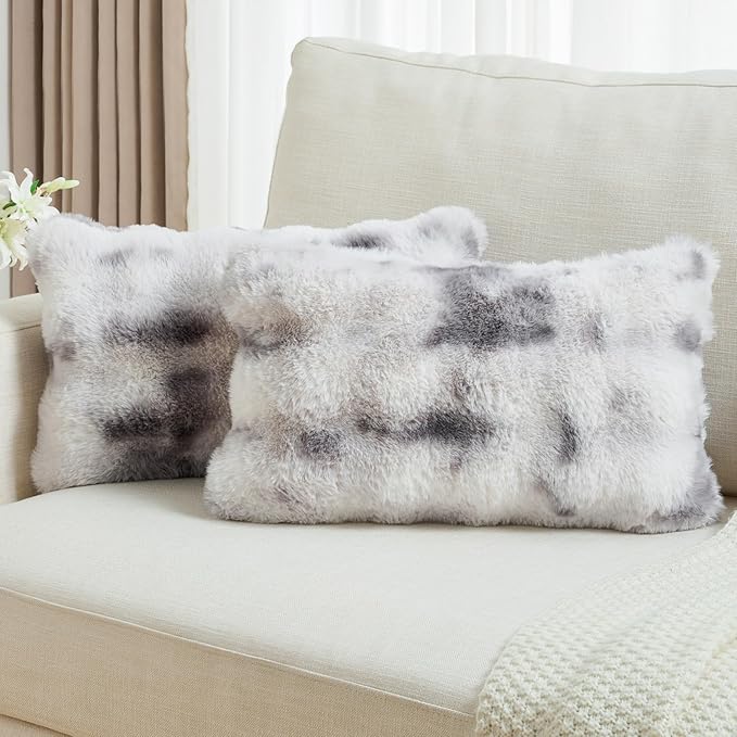 FUTEI Grey White Decorative Throw Pillow Covers 12x20 Inch Set of 2,Soft Fuzzy Faux Rabbit Fur Pillow Case with Raised Texture,Neutral Boho Home Decor for Couch Bed Living Room