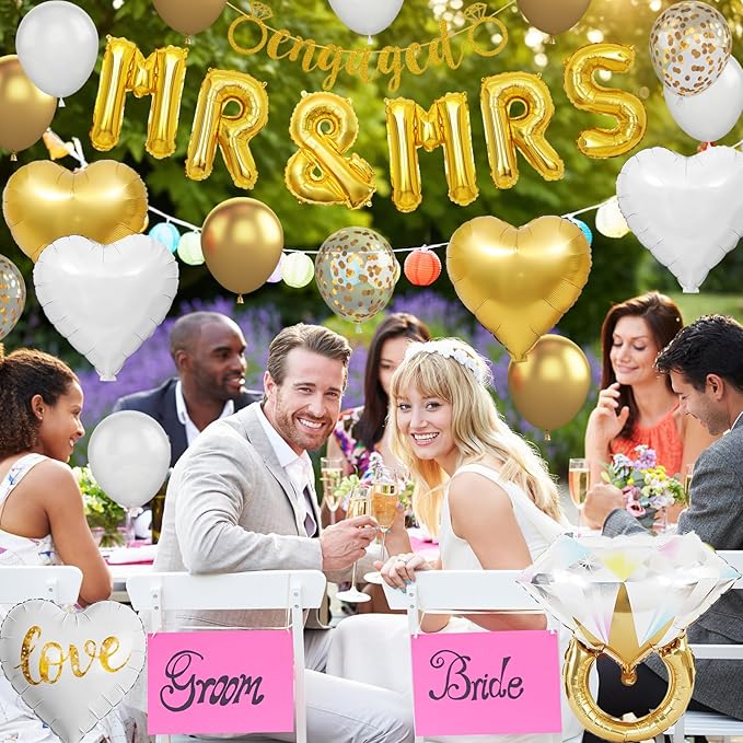Gold Engagement Party Decorations, MR and MRS Balloons Decor, White Gold Metallic Confetti Balloon, Love Heart and Diamond Ring Foil Balloon with Engaged Banner for Wedding Engagement Party Decoration