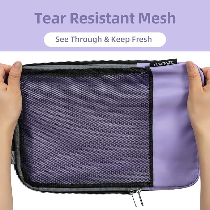 BAGAIL 4 Set/6 Set/8 Set Compression Packing Cubes Travel Accessories Expandable Packing Organizers (Half Mesh, 6-Lavender)