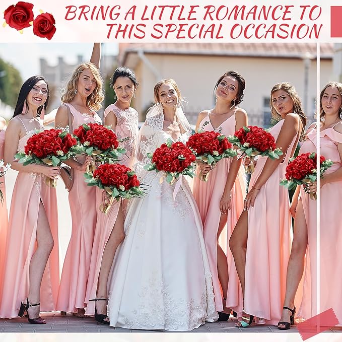 Zeyune 12 Bunches Wedding Bridesmaids Bouquets 144 Heads 7 Inch Artificial Rose Bouquets Silk Fake Flower Bulk with Stems for Valentine's Day Wedding Bridal Shower Home Party Decor(Red)