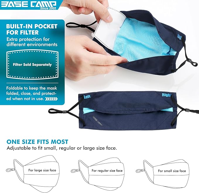BASE CAMP Reusable Cloth Dust Face Masks 100% Cotton Washable Adjustable Breathable Fabric Mask with Filter Pocket