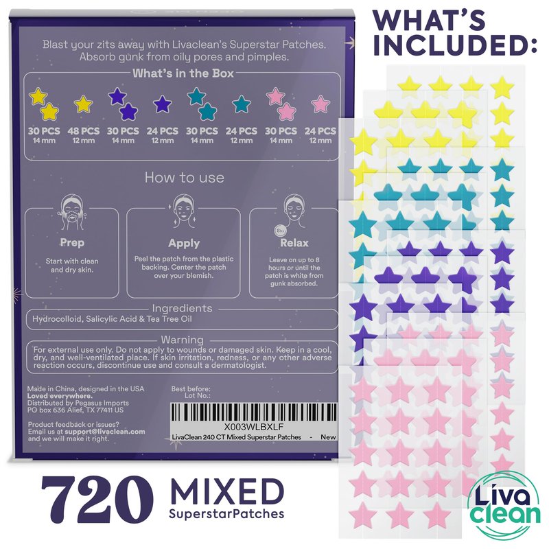 LivaClean 720 CT (3 Pack of 240) Superstar Pimple Patch for Face - Salicylic Acid & Tea Tree, Hydrocolloid Acne Patch, Pimple Patches Star Cute Zit Patches - 3 Sizes, 4 Colors