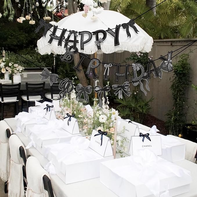 Pre-strung Black Bow Birthday Decorations, Black Coquette Party Decorations, Bow Party Supplies Include Happy Birthday Banner, Bow Garland Banner for Girls