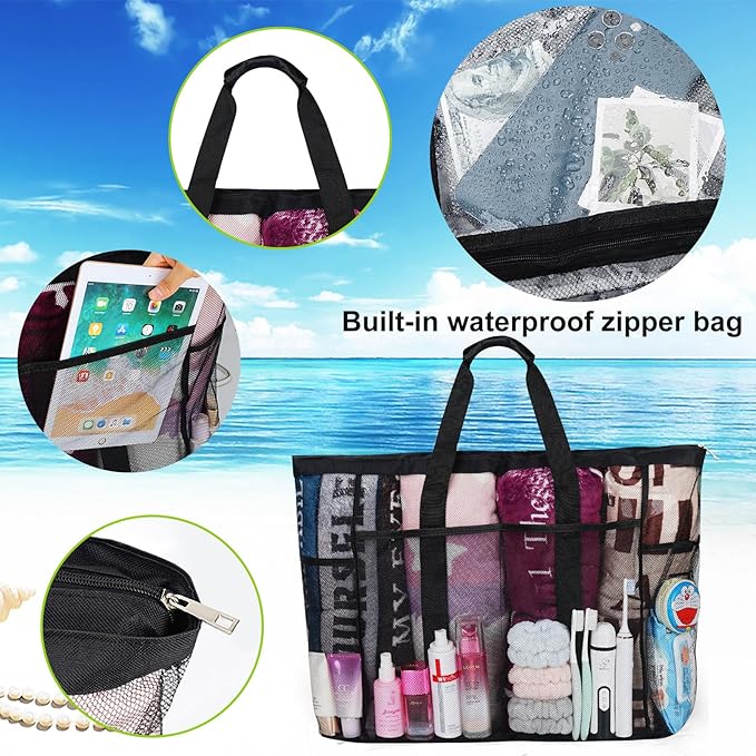 Mesh Beach Bags for Family - Women Beach Tote Bag for Toys, Towels, Travel Vacation Cruise Essentials