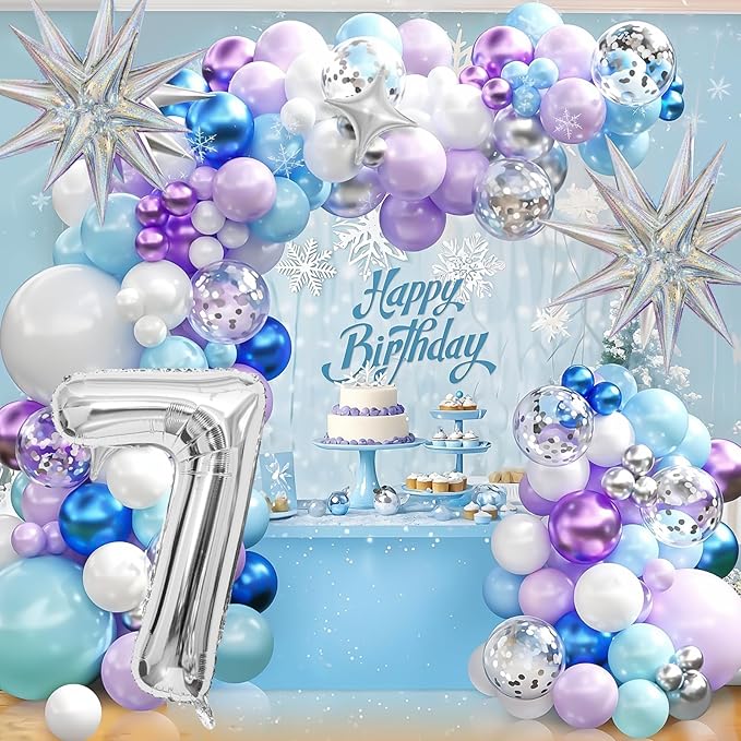 Snow 7th Birthday Decorations Girl, Snowflake Balloon Garland Arch Kit, Laser Explosion Star Balloons, Silver Number 7 Balloon Tower for Baby Shower Girls 7th Snow Theme Party Supplies