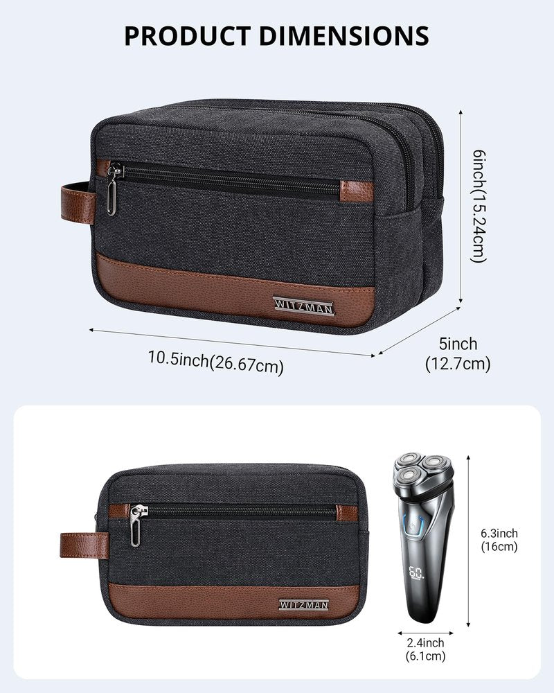 WITZMAN Canvas Toiletry Bag for Men Hanging Dopp Kit Organizer Water-resistant Travel Toiletries bag Men Bathroom Bag with Wet Pocket(A8001 Classics Black)
