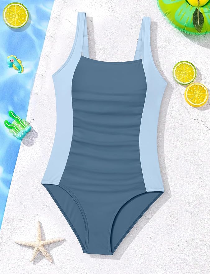 Girl Swimsuit One Piece Bathing Suit for Girls Solid Color Ruched Adjustable Straps Padded Swimwear 9-16y