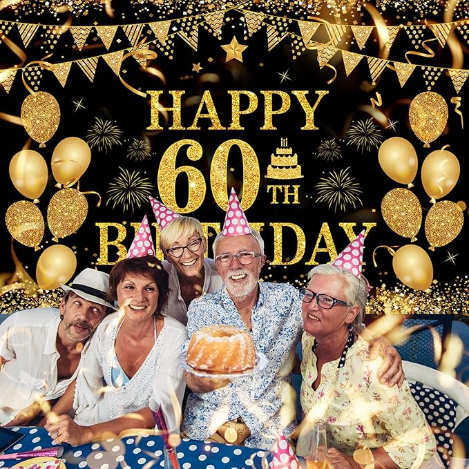 60th Birthday Banner - Black & Gold - 71 x 45 Inch - Happy 60th Birthday Decor