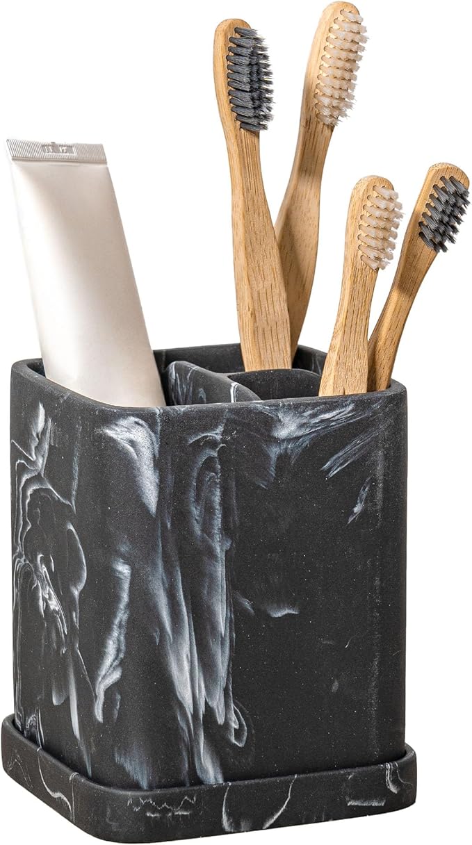 zccz Toothbrush Holder, Countertop Marble Look Electric Toothbrush Toothpaste Makeup Brush and Razor Holder Stand Bathroom Organizer with Detachable Tray