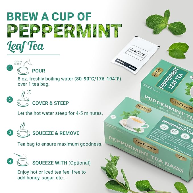 LeafLea 40 Peppermint Tea Bags, Natural Peppermint Leaf Herbal Tea with Cool Taste, Te De Menta for Gentle Digestive Support, Te De Hierba Buena, Caffeine-Free, Sugar-Free, Vegan, Individually Wrapped