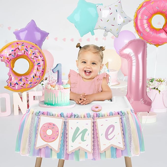 Donut Highchair Banner 1st Birthday Girl Sweet One Birthday Party Decorations Rainbow High Chair Banner Photo Background