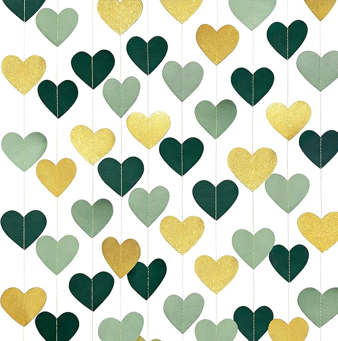 Sage Green and Gold Heart Party Glitter Gold Paper Olive Green Love Heart Hanging Garland Streamer Banner for Woodland Safari Baby Shower Birthday Wedding Anniversary Valentines Day Party Decorations