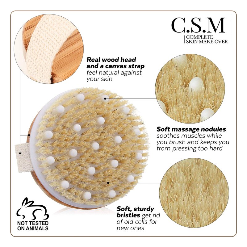 CSM Dry Brushing Body Brush for Lymphatic Drainage - Natural Boar Bristle Exfoliating Brush Set with Face Brush for Cellulite, Circulation & Glowing Skin