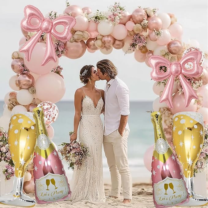 6 Pcs Pink Bow Balloons, Huge Rose Gold Champagne Bottle Goblet Aluminum Foil Balloons for Birthday, Bachelorette, Bridal Shower, Wedding, Anniversary, Engagement Party Decorations Supplies