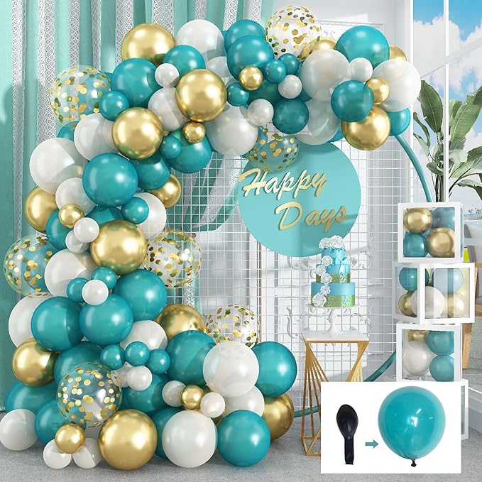 Matte Turquoise Blue Pearl White Balloons Garland Arch Kit Metallic Gold Balloon with Gold Confetti Latex Balloon Teal Blue Balloons Chrome Gold Party Decorations Supplies Birthday Baby Shower