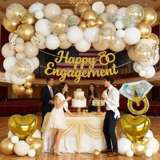 Gold Engagement Party Decorations, Just Engaged Decorations for Wedding Party, Bachelorette & Home Party, with Happy Engagement Banner, Foil Balloons, Sash, Fringe Curtain