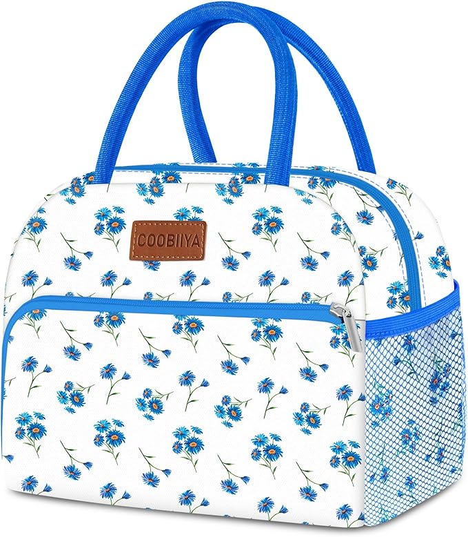 Coobiiya Lunch Bag Women, Lunch Box for Women Adult Men, Small Lunch Bag Leak-proof Cute Lunch Tote Large Capacity Reusable Insulated Cooler for Work/Office/Picnic/Travel-Blue Daisy